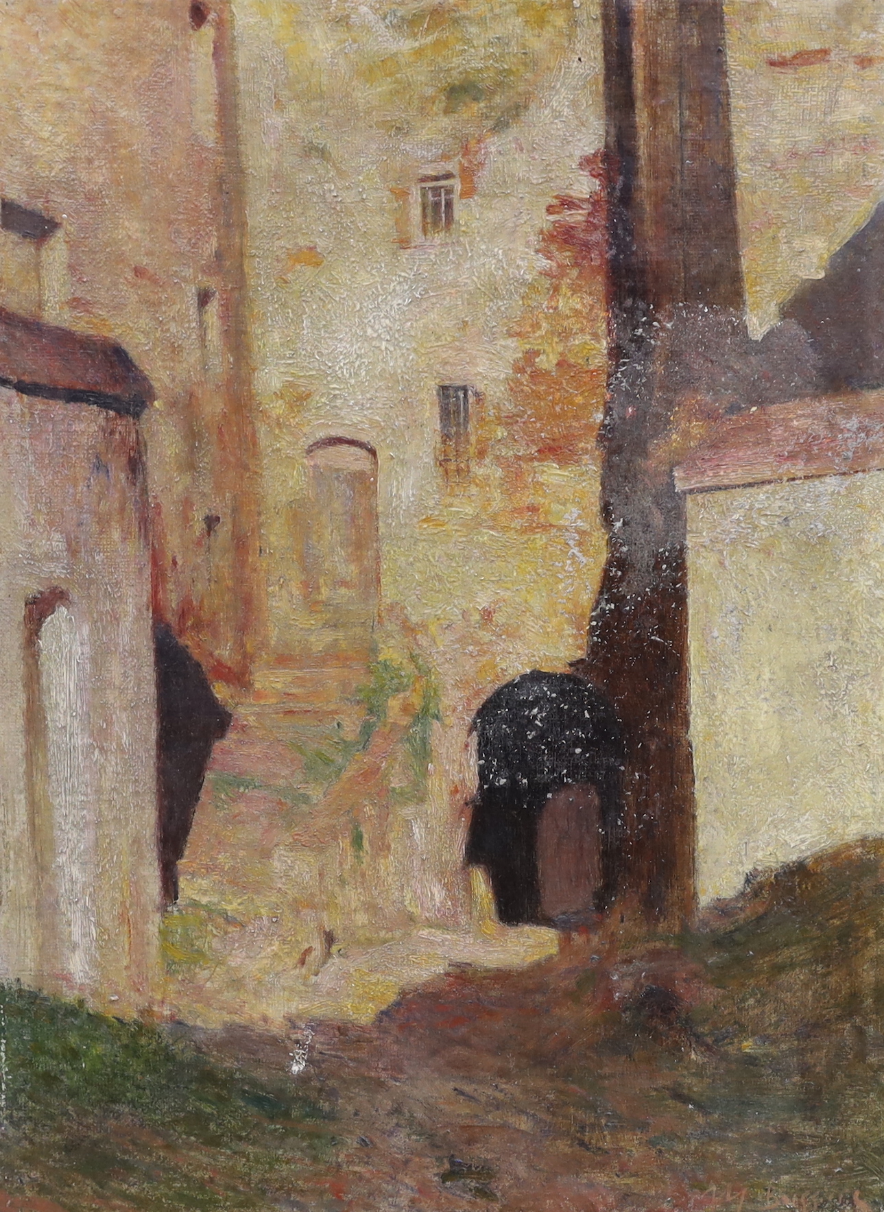 French School, oil on canvas, Street scene, indistinctly signed lower right, 36 x 26cm, unframed